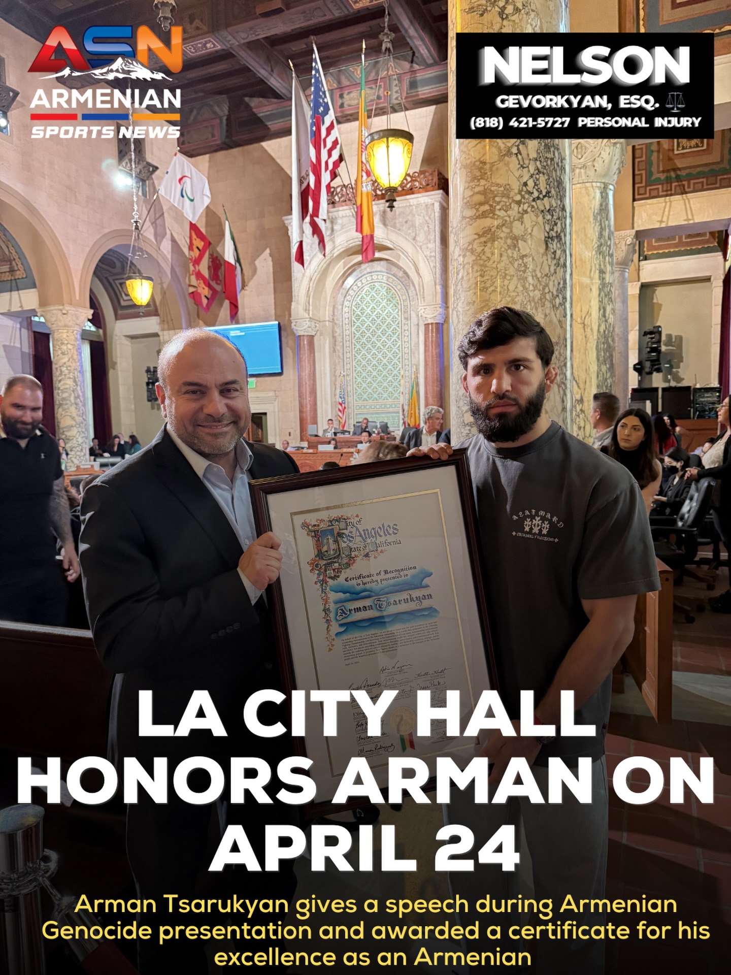 UFC Star Arman Tsarukyan Honored at Los Angeles City Hall for Excellence in Sport