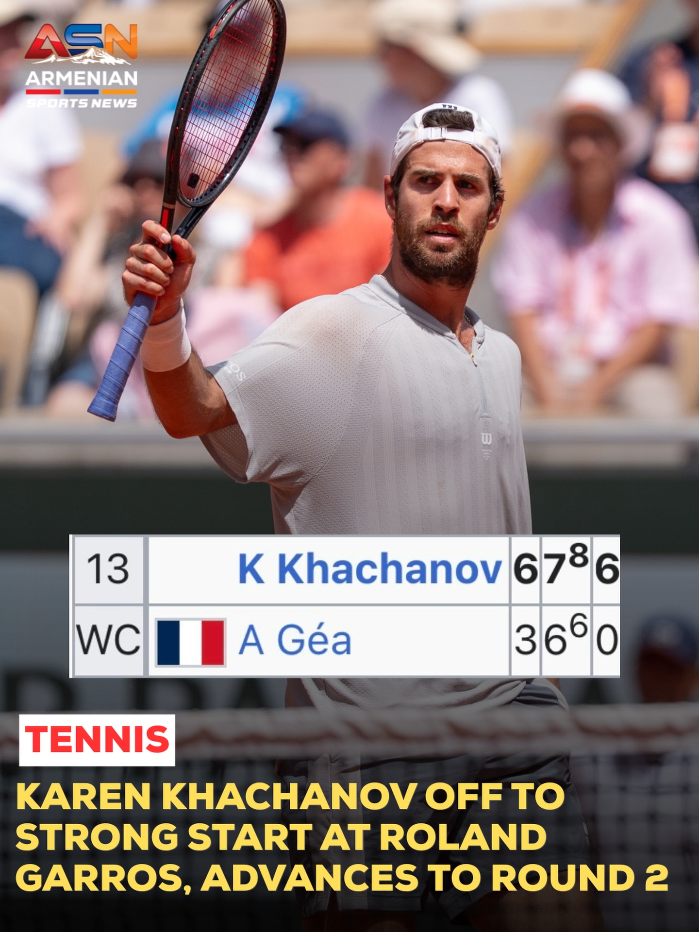Karen Khachanov Advances to Second Round of 2026 French Open