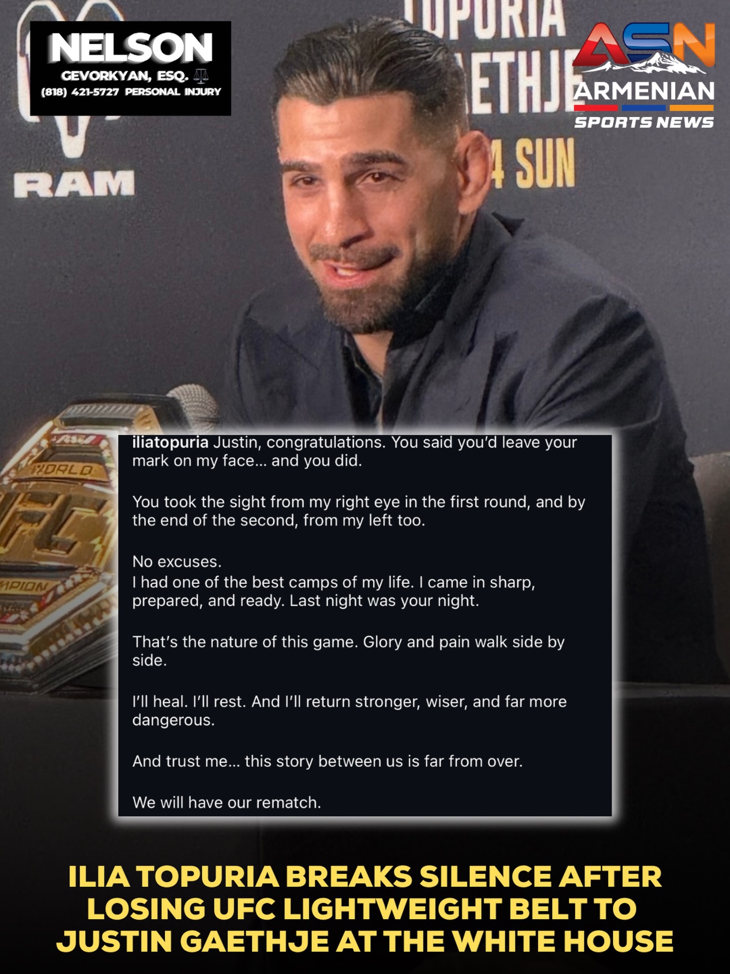 Ilia Topuria Reflects on Title Loss to Justin Gaethje at UFC Freedom 250