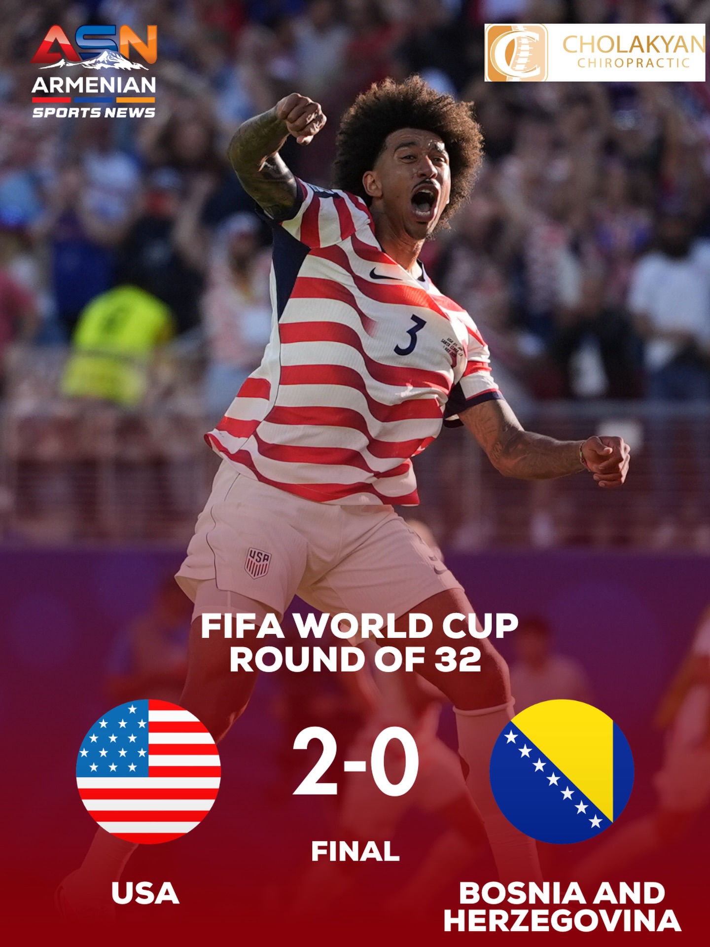 U.S. Advances to World Cup Round of 16 After Defeating Bosnia and Herzegovina 2-0